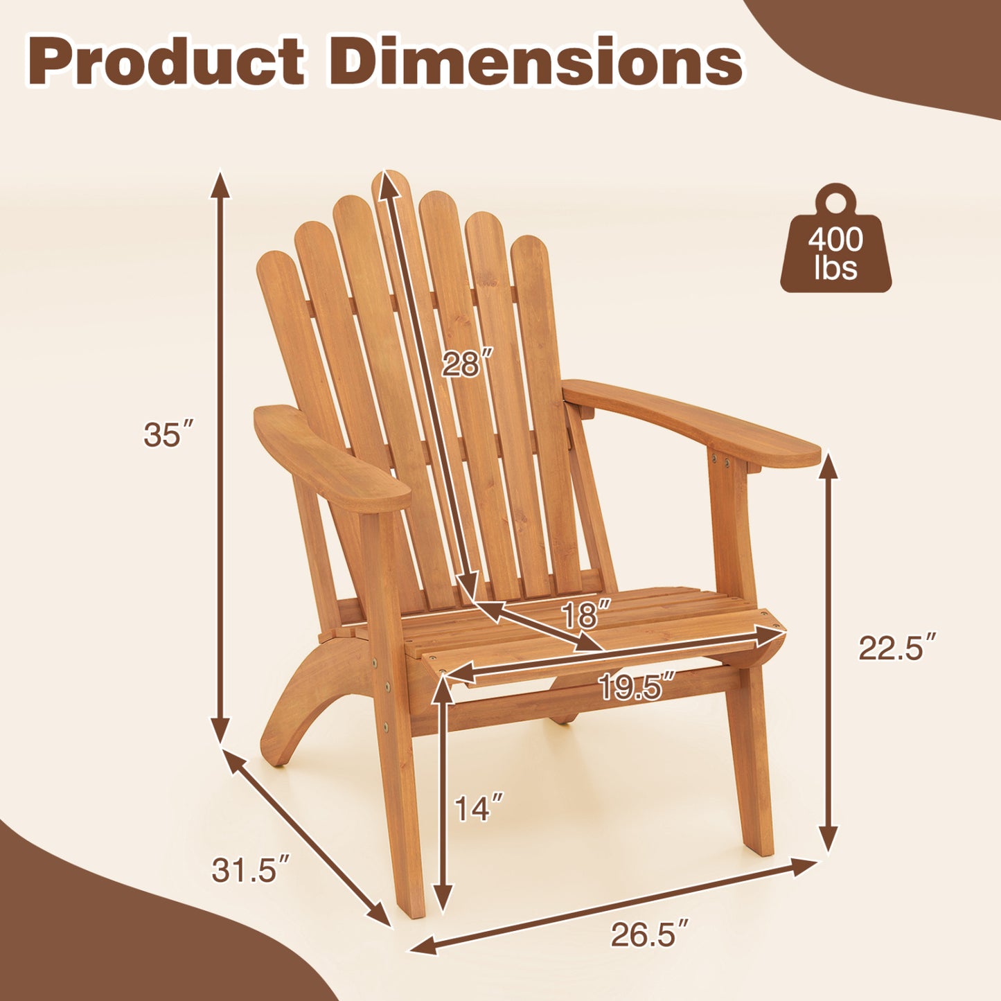 Acacia Wood Adirondack Chair with 400 lbs Capacity