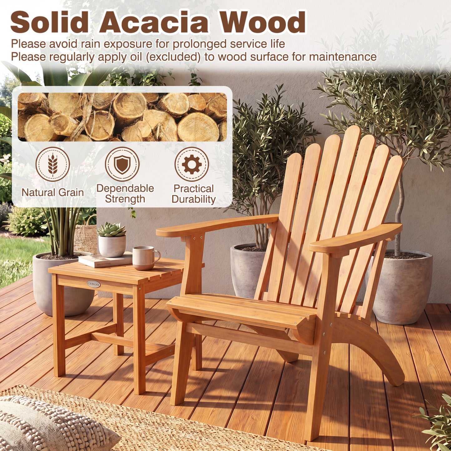 Acacia Wood Adirondack Chair with 400 lbs Capacity