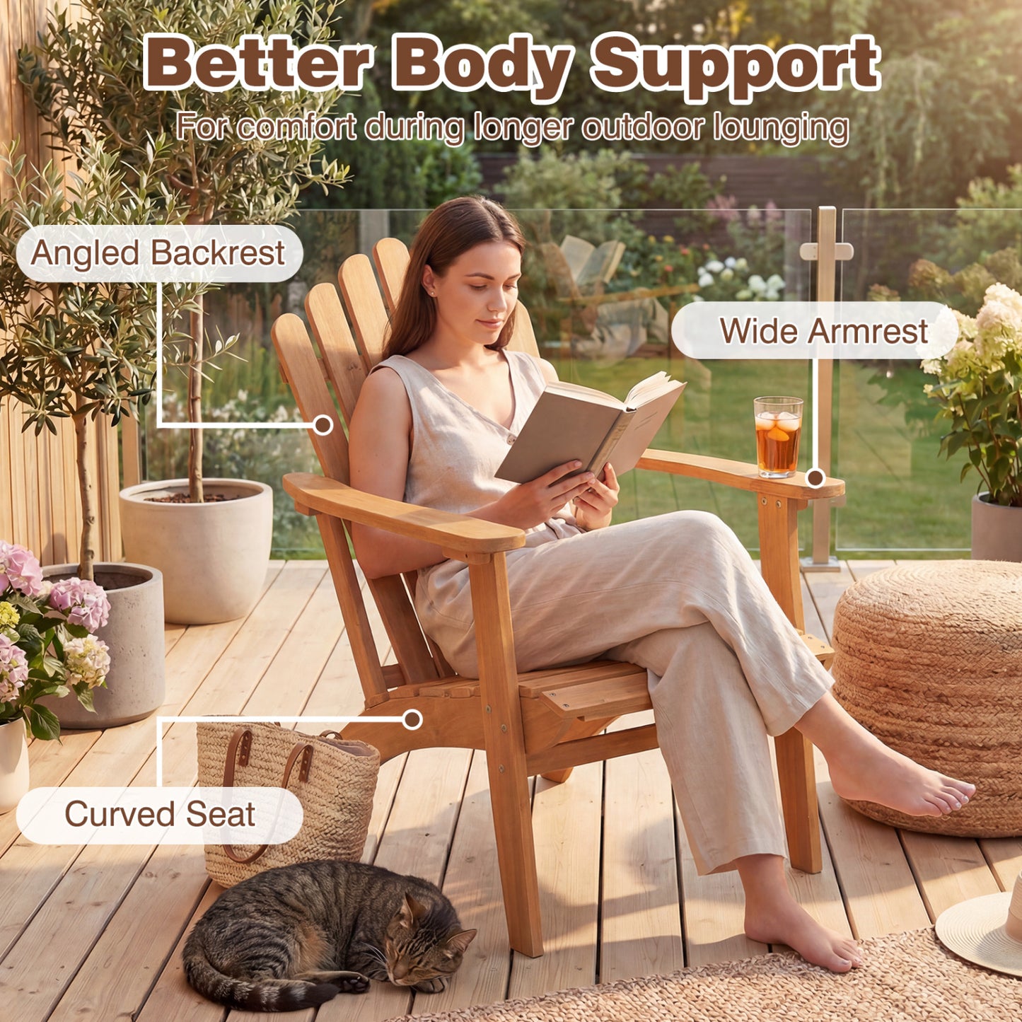 Acacia Wood Adirondack Chair with 400 lbs Capacity