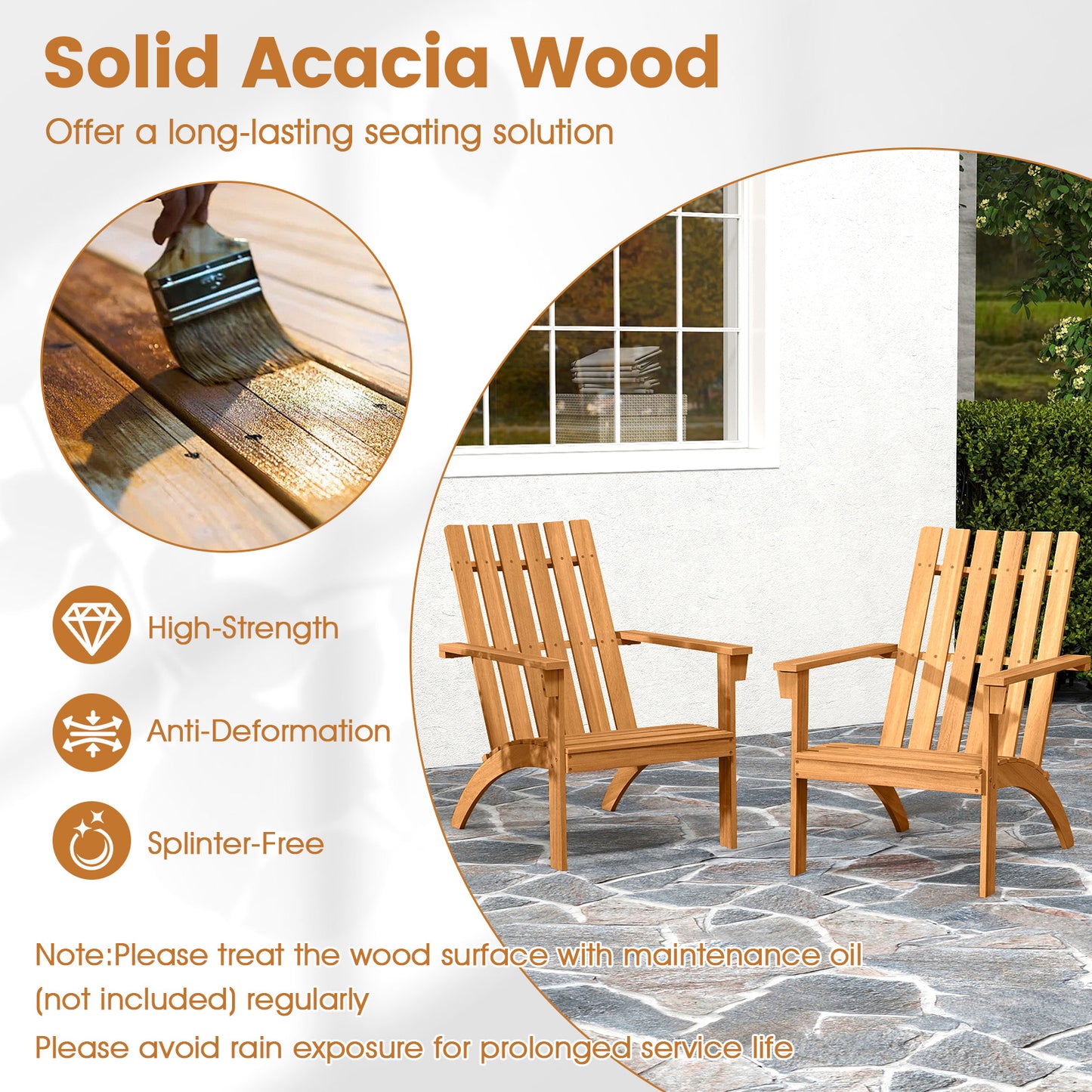 Acacia Wood Adirondack Chair with High Backrest - Natural