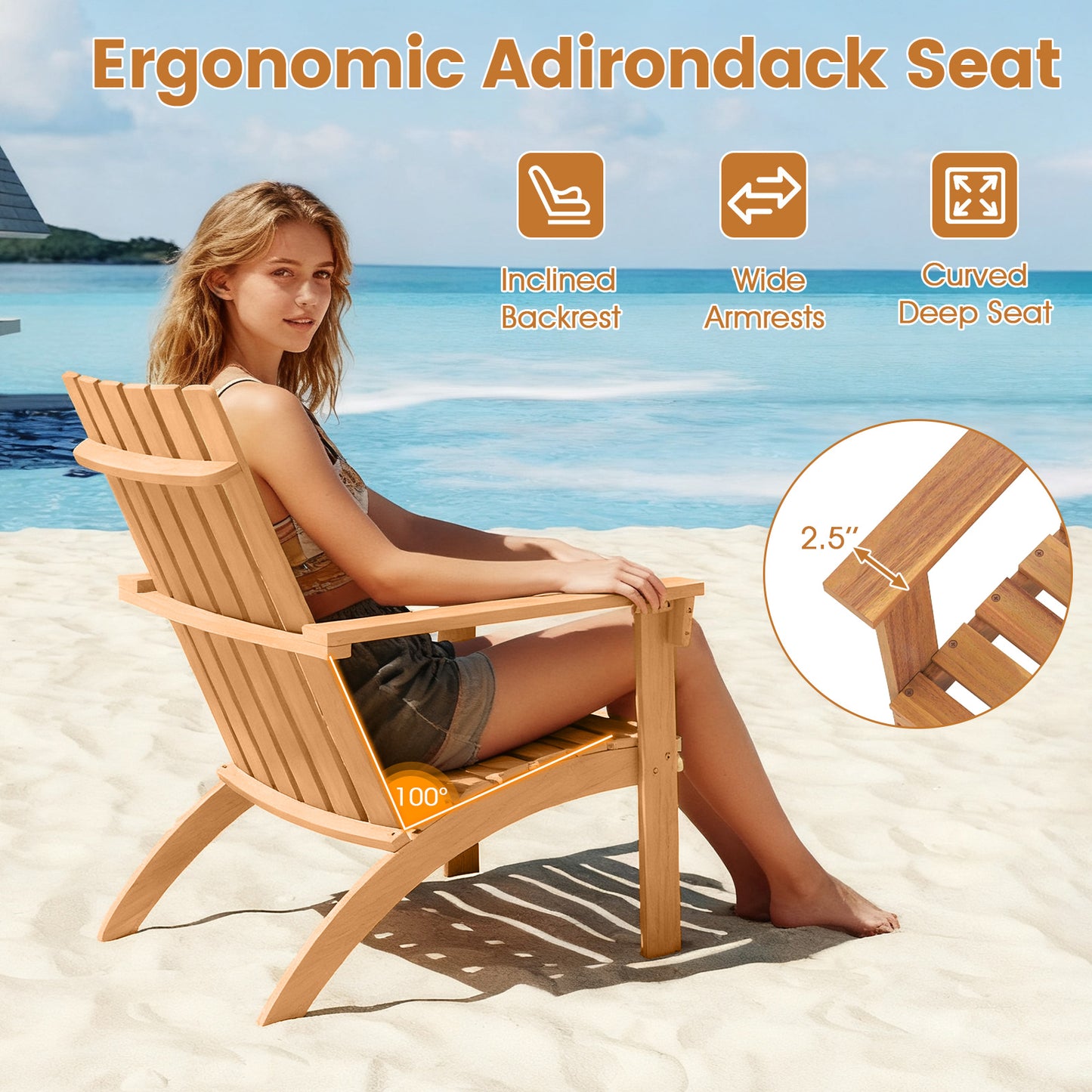 Acacia Wood Adirondack Chair with High Backrest - Natural