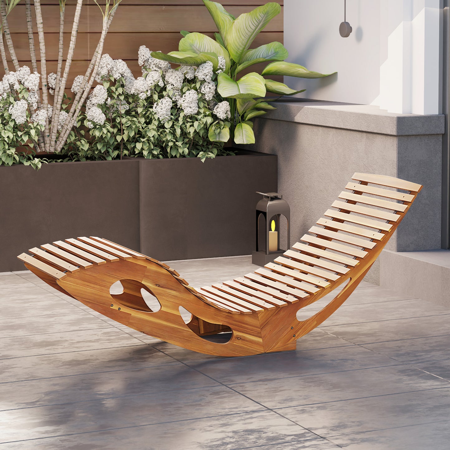 Acacia Wood Patio Rocking Lounger with Ergonomic Curved Seat