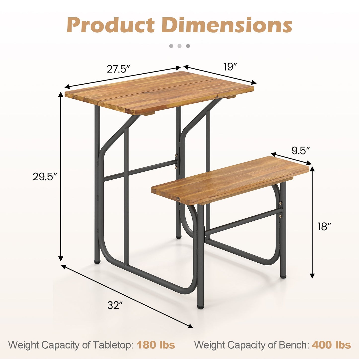 Acacia Wood Patio Table Bench Set One-Side Picnic Table and Seat