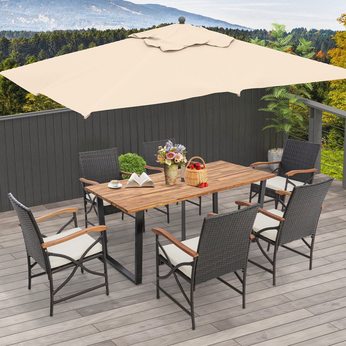 7-Piece Acacia Wood Patio Dining Set with Wicker Chairs