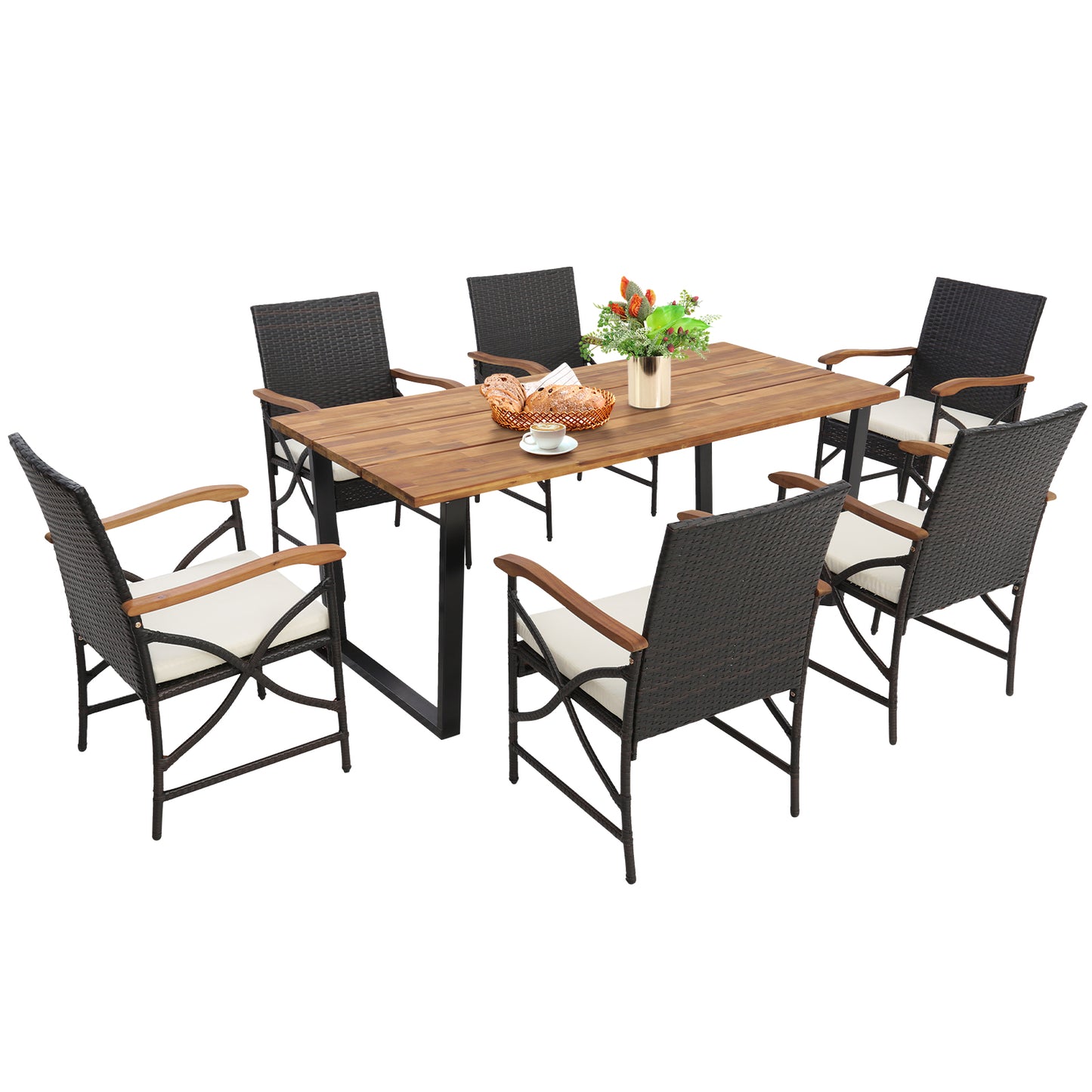 7-Piece Acacia Wood Patio Dining Set with Wicker Chairs