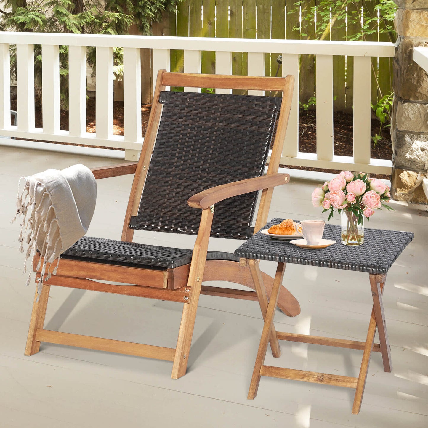 Patio Rattan Folding Lounge Chair with Acacia Wood Table Set