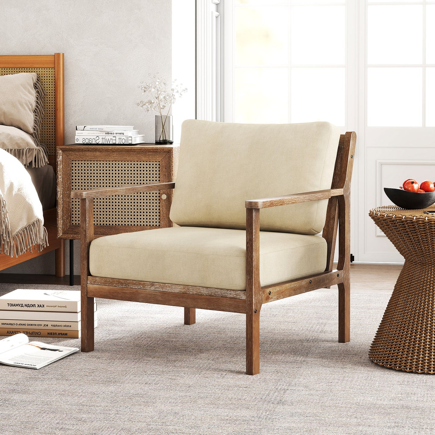 Accent Chair with Solid Wood Armrests and Linen Upholstery