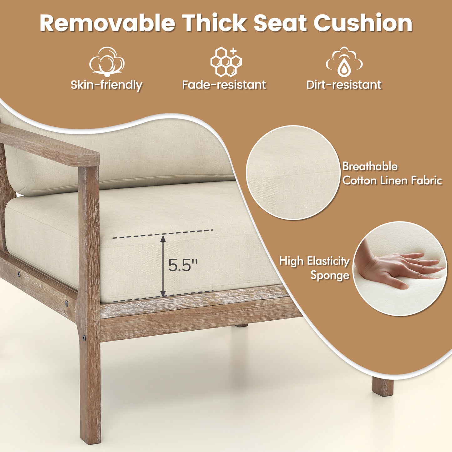 Accent Chair with Solid Wood Armrests and Linen Upholstery