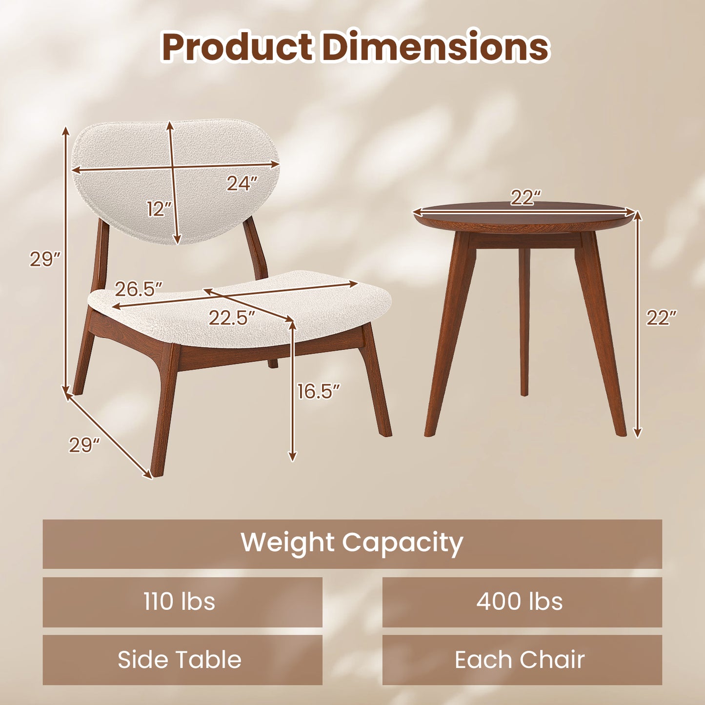 Accent Chairs Set of 2 with Side Table - Solid Wood Frame