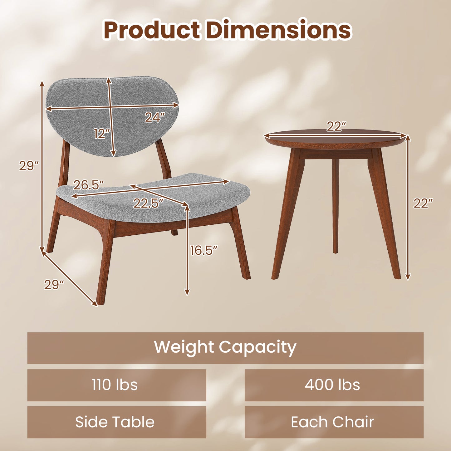 Accent Chairs Set of 2 with Side Table - Solid Wood Frame