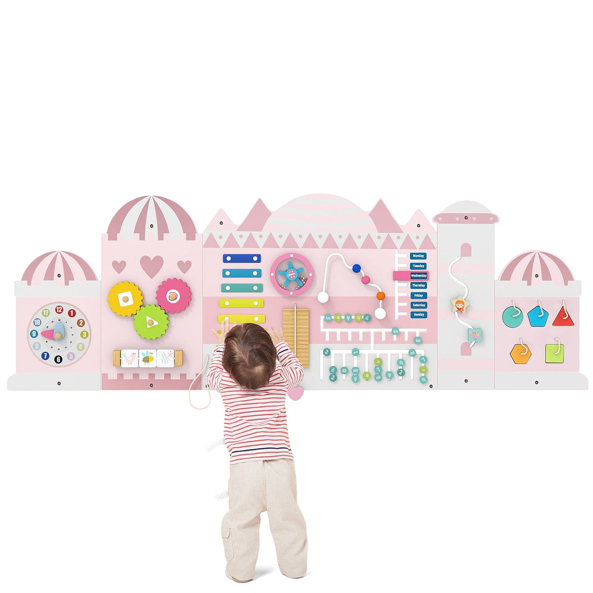 Activity Wall Busy Board Panels for Toddlers Wooden Sensory Board-Pink