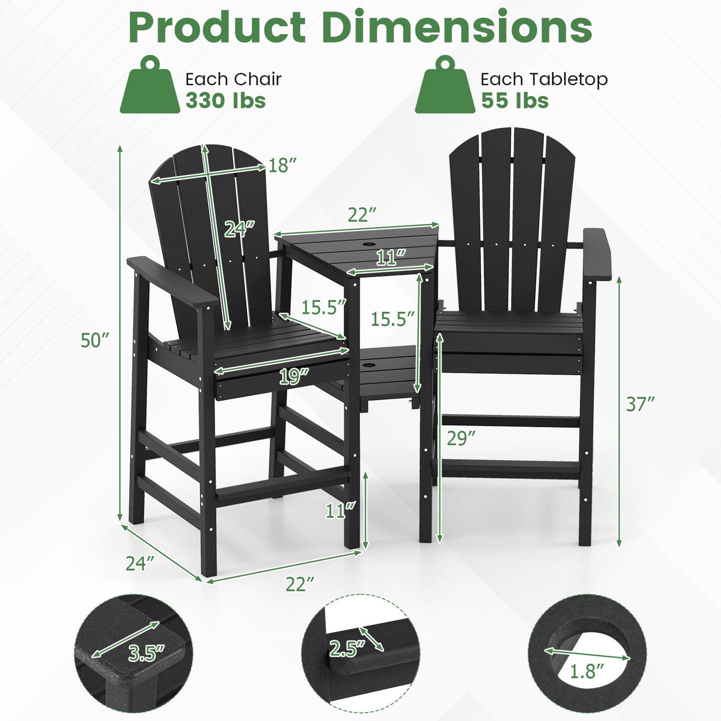 2-Seat Adirondack Chair with Double Connecting Tray