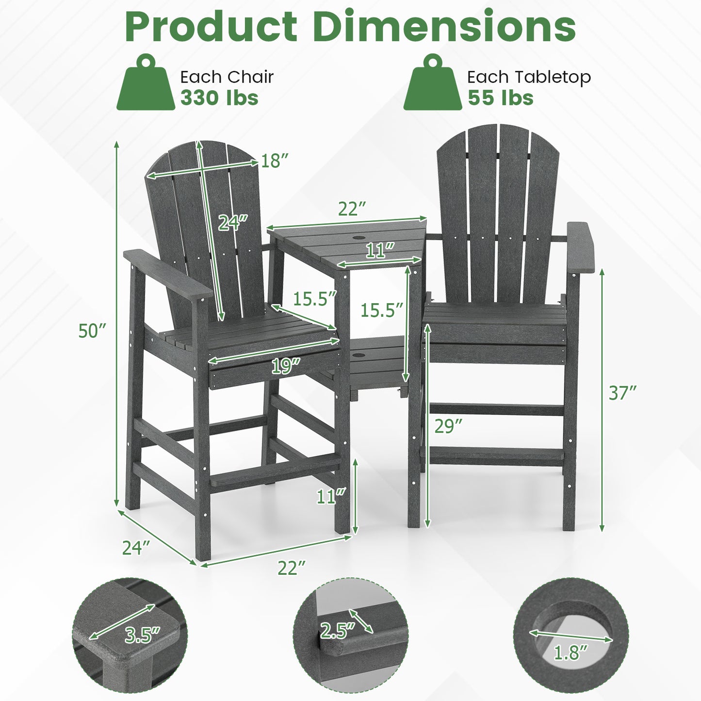 2-Seat Adirondack Chair with Double Connecting Tray
