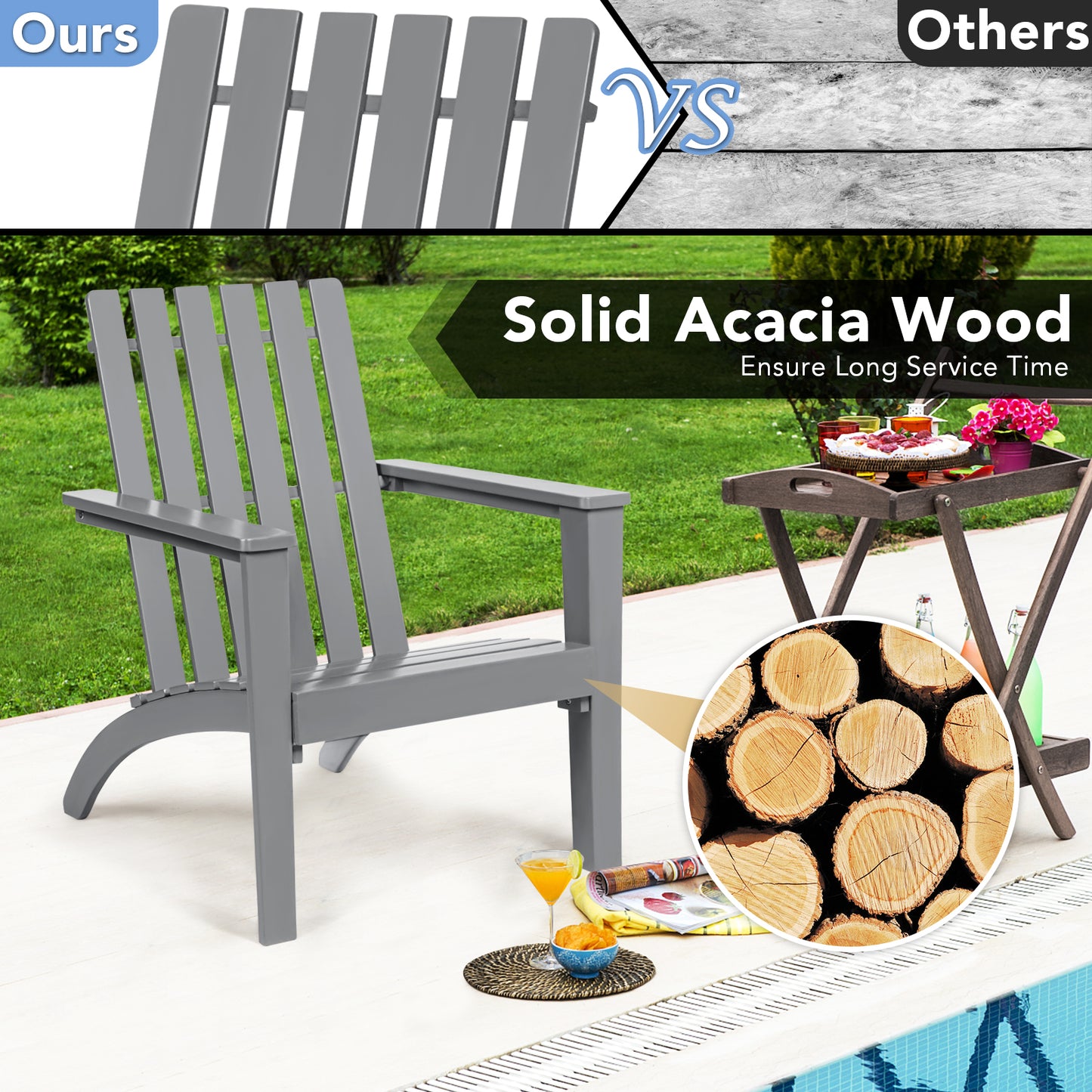 Acacia Wood Adirondack Chair with Ergonomic Backrest