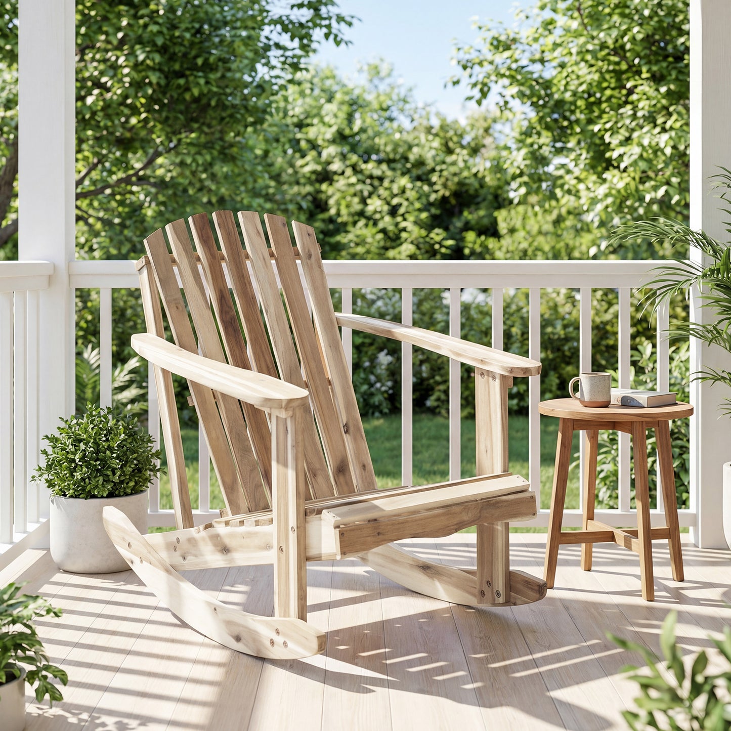 Acacia Wood Adirondack Rocking Chair with High Fanned Back