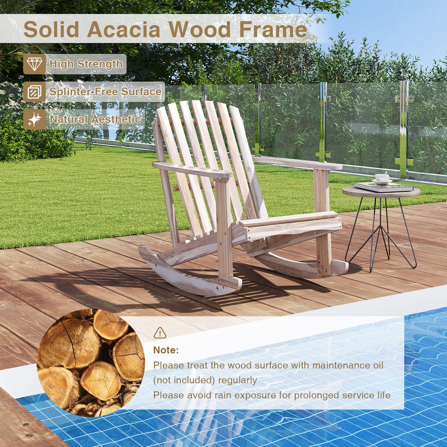 Acacia Wood Adirondack Rocking Chair with High Fanned Back