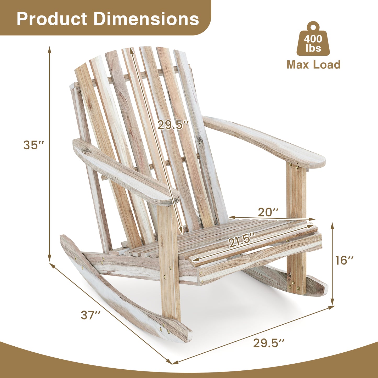 Acacia Wood Adirondack Rocking Chair with High Fanned Back