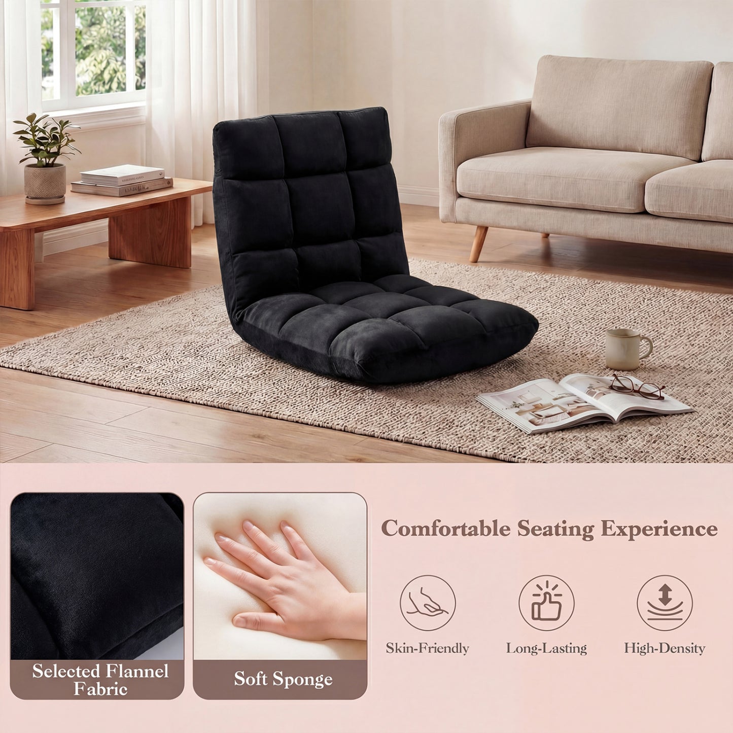 14-Position Adjustable Floor Chair with Padded Cushion