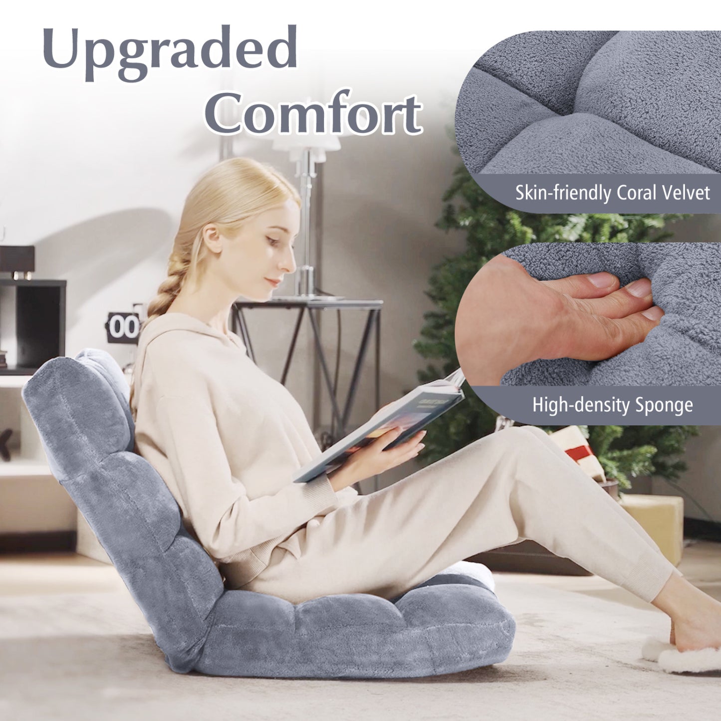 14-Position Adjustable Floor Chair with Padded Cushion