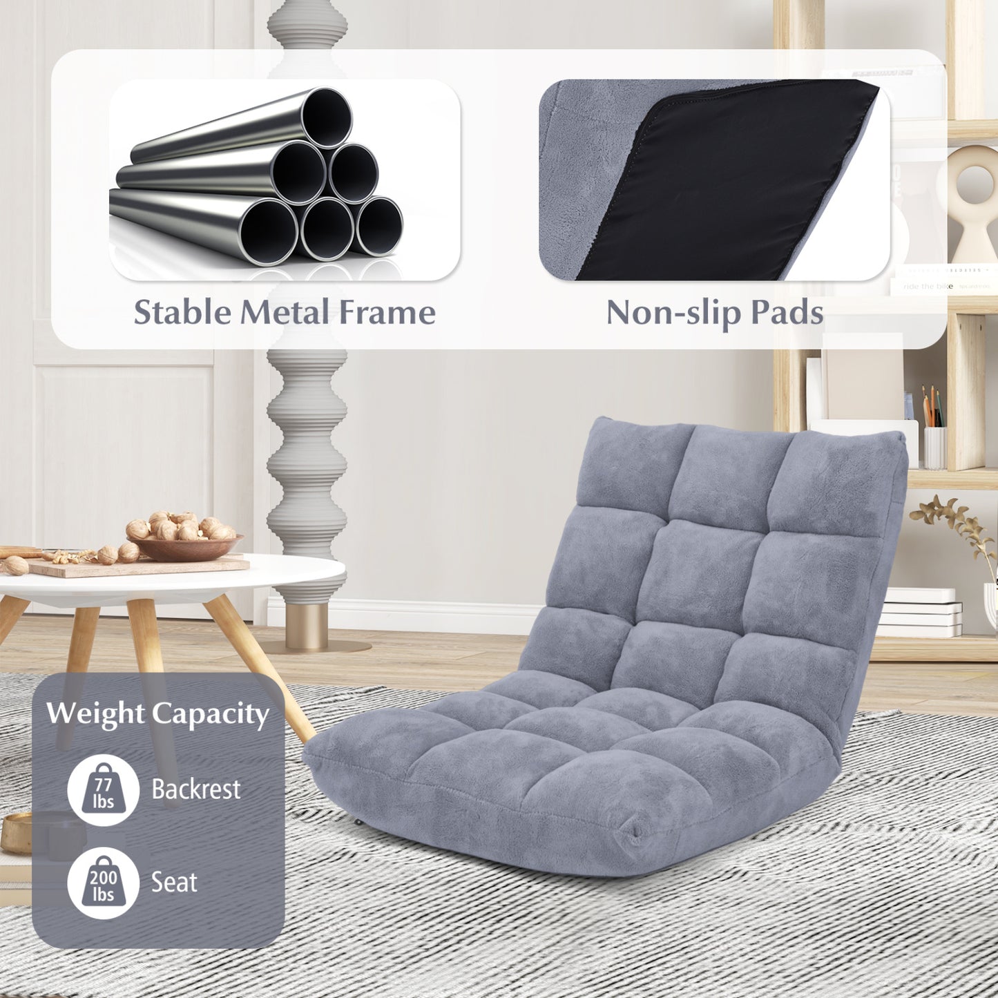 14-Position Adjustable Floor Chair with Padded Cushion