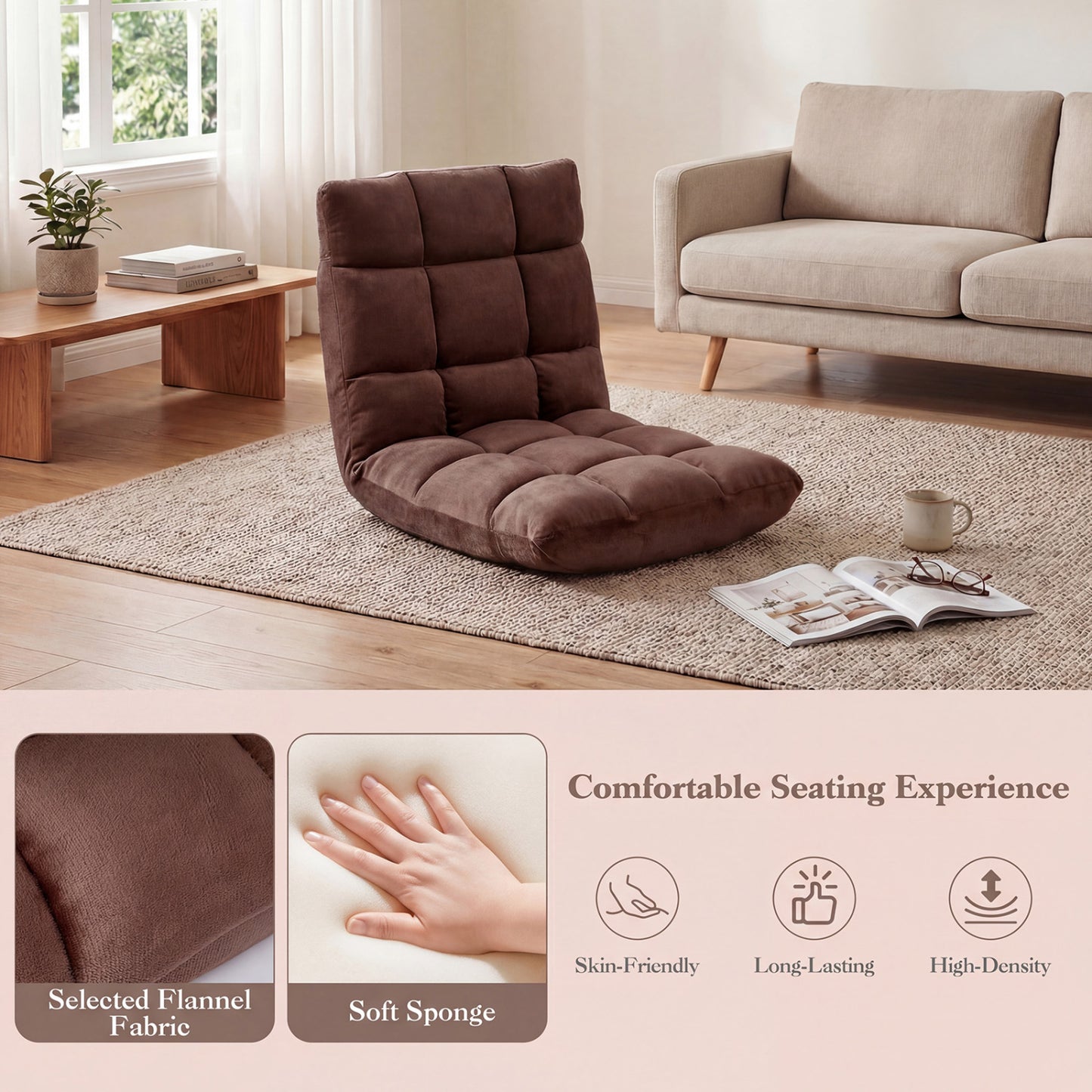 14-Position Adjustable Floor Chair with Padded Cushion