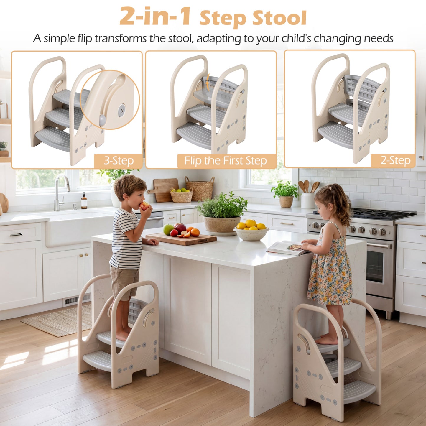 Adjustable 3-Step Helper Stool with Safety Handles for Kids