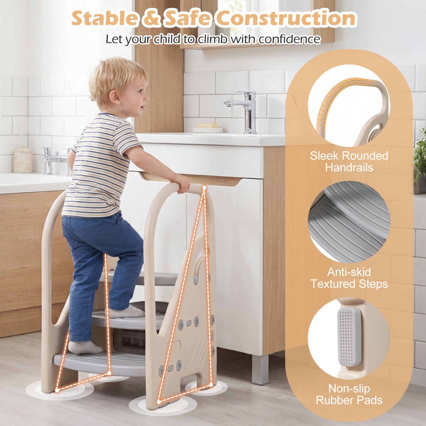Adjustable 3-Step Helper Stool with Safety Handles for Kids