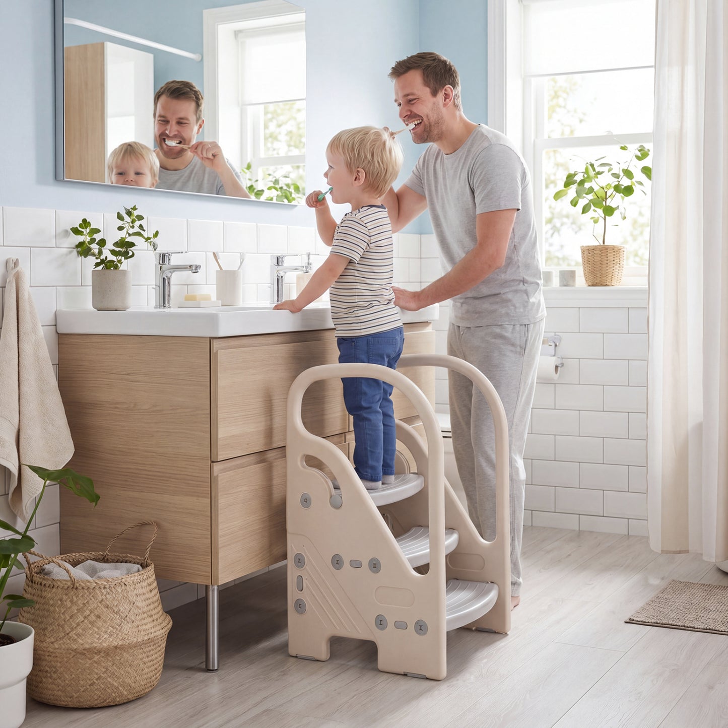 Adjustable 3-Step Helper Stool with Safety Handles for Kids