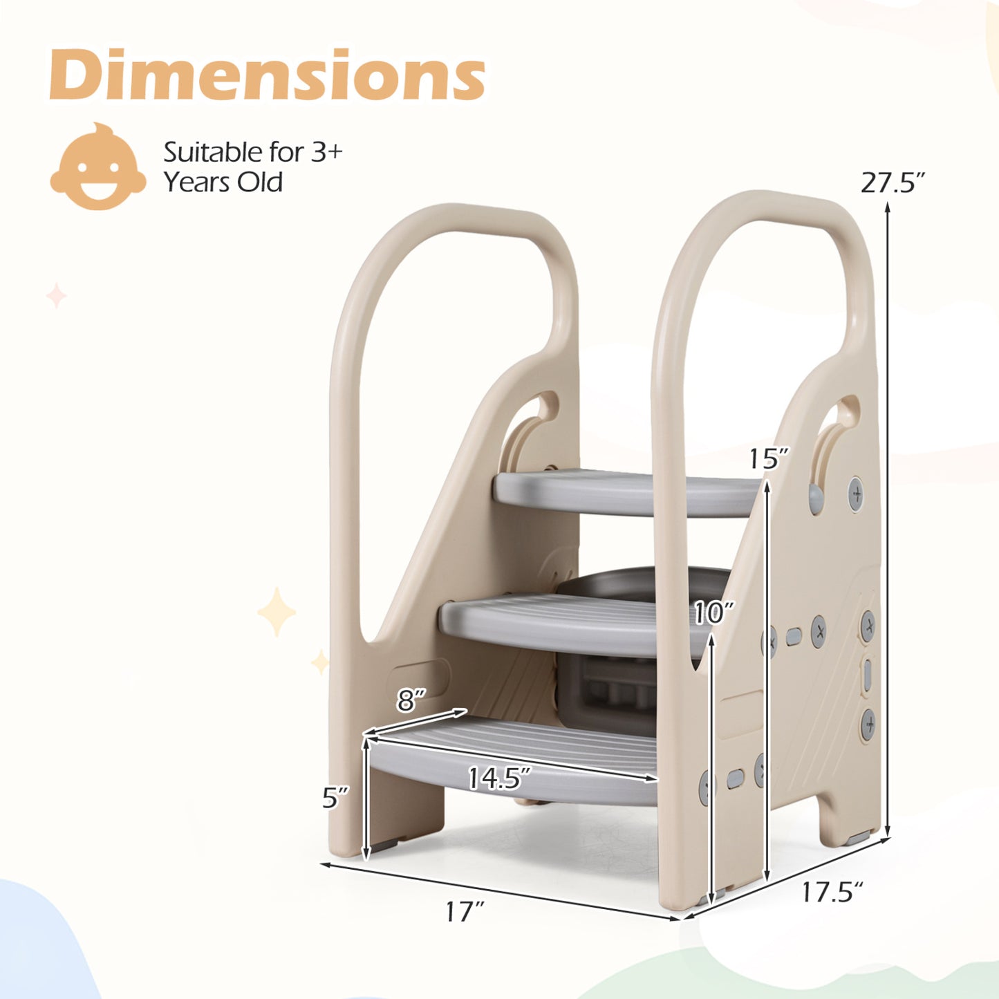 Adjustable 3-Step Helper Stool with Safety Handles for Kids