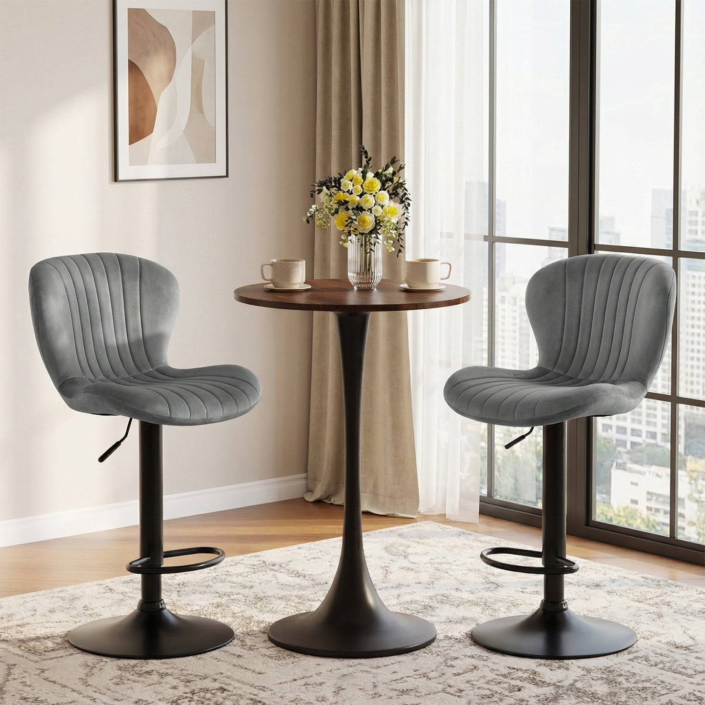 Adjustable Swivel Bar Stools Set of 2 with Velvet Upholstery