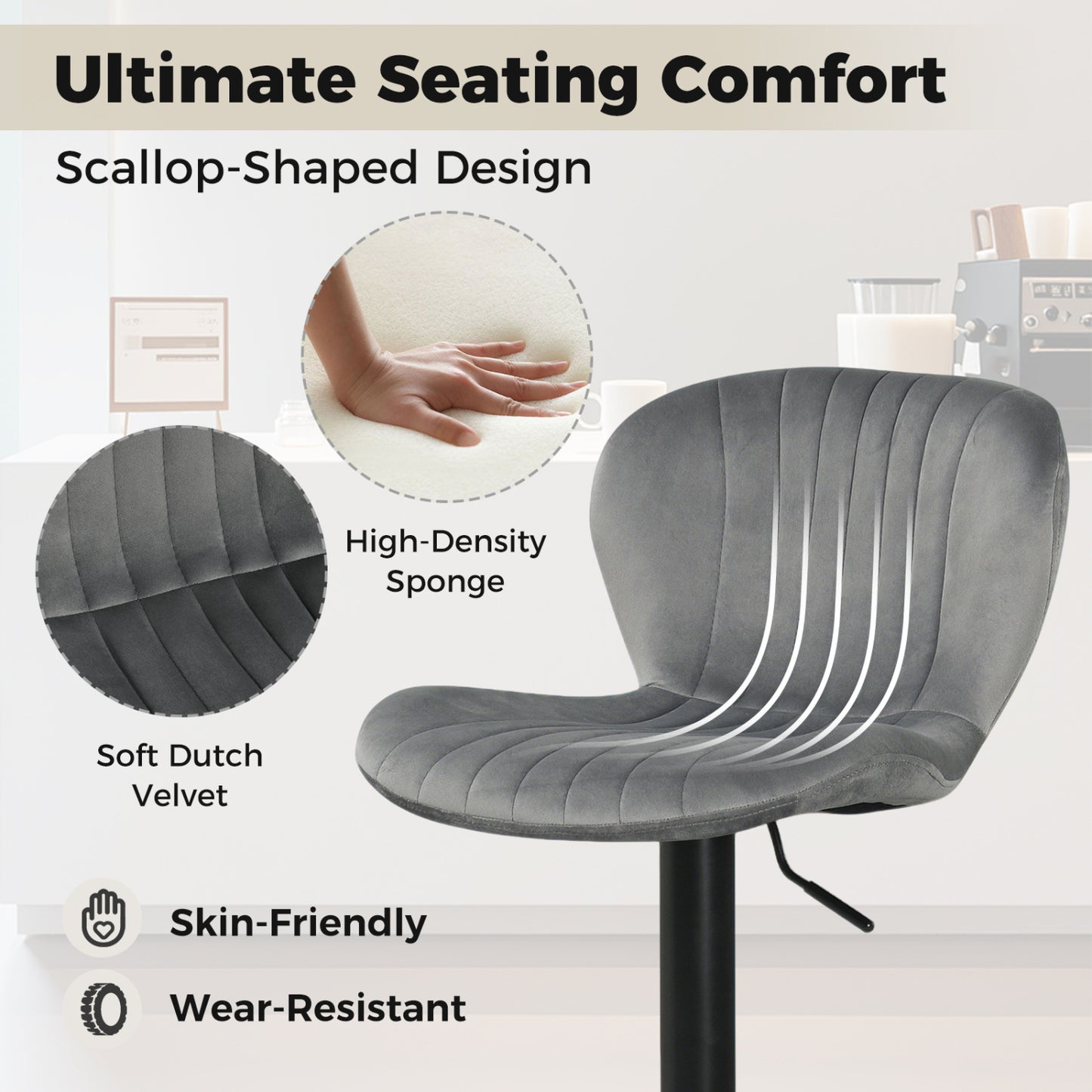 Adjustable Swivel Bar Stools Set of 2 with Velvet Upholstery