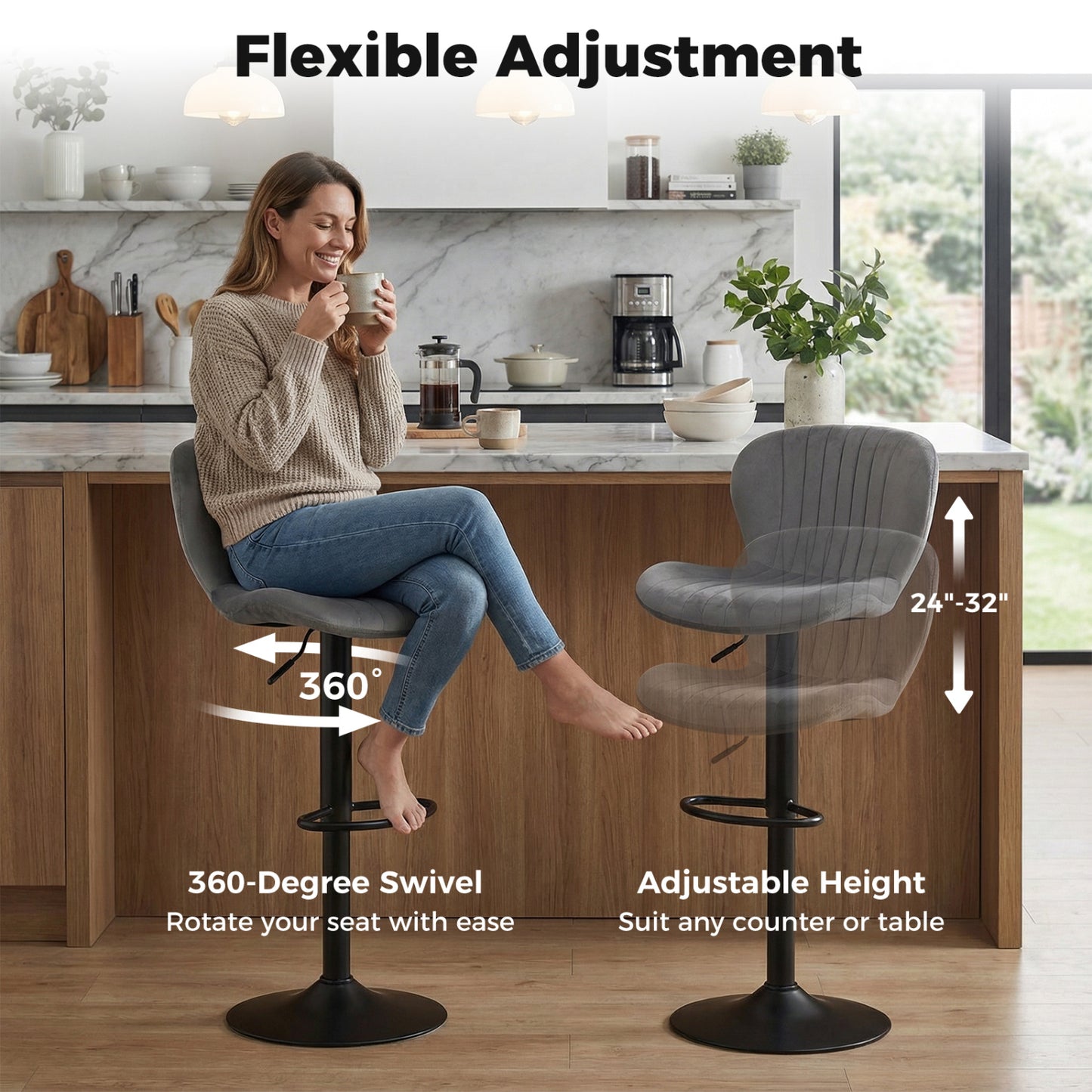 Adjustable Swivel Bar Stools Set of 2 with Velvet Upholstery