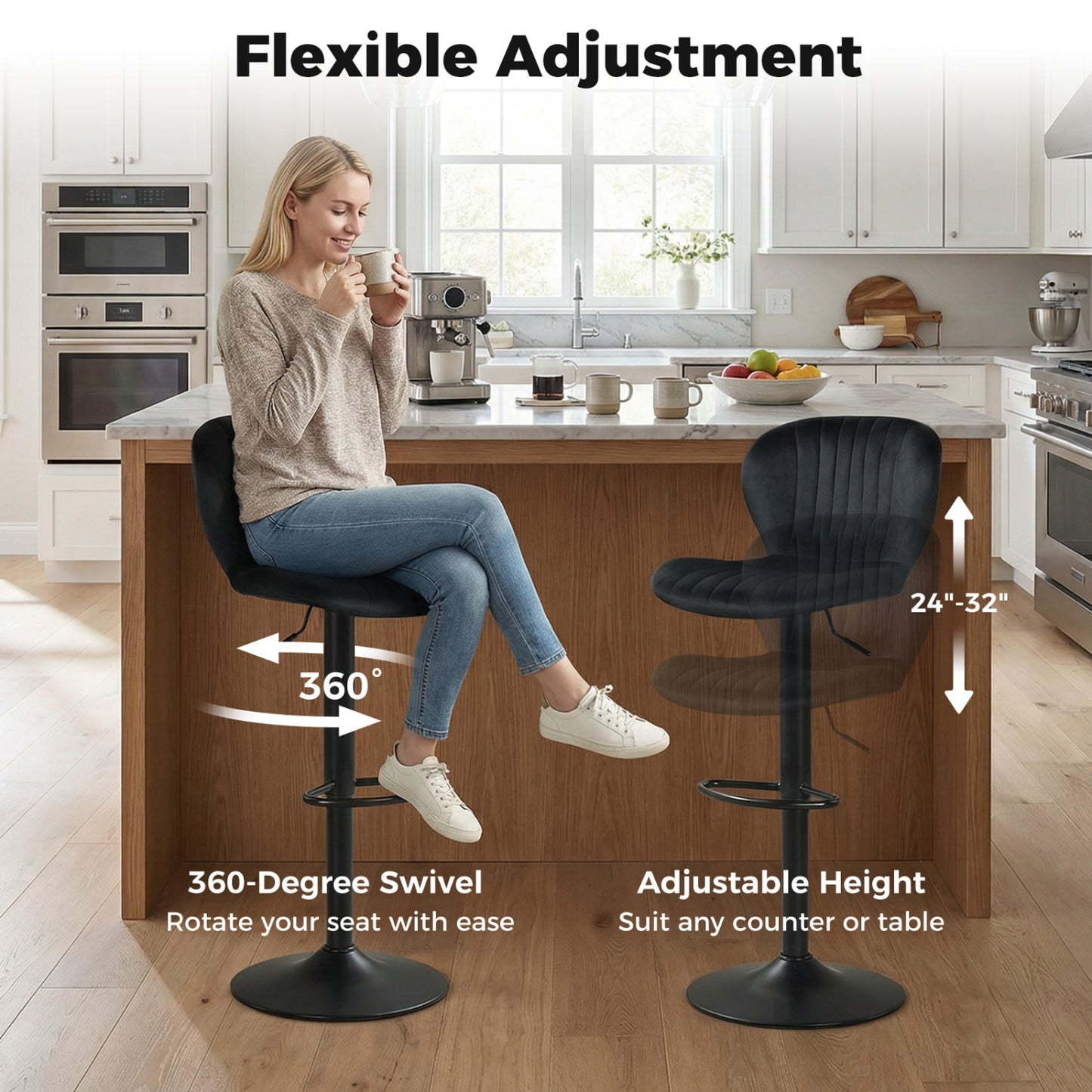 Adjustable Swivel Bar Stools Set of 2 with Velvet Upholstery