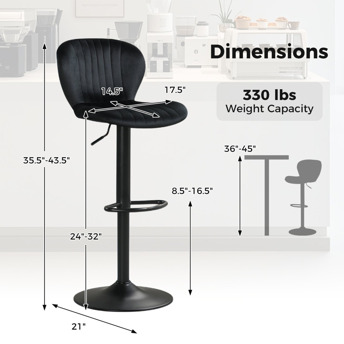 Adjustable Swivel Bar Stools Set of 2 with Velvet Upholstery