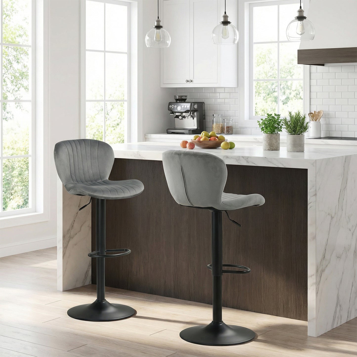 Adjustable Swivel Bar Stools Set of 4 with Velvet Upholstery