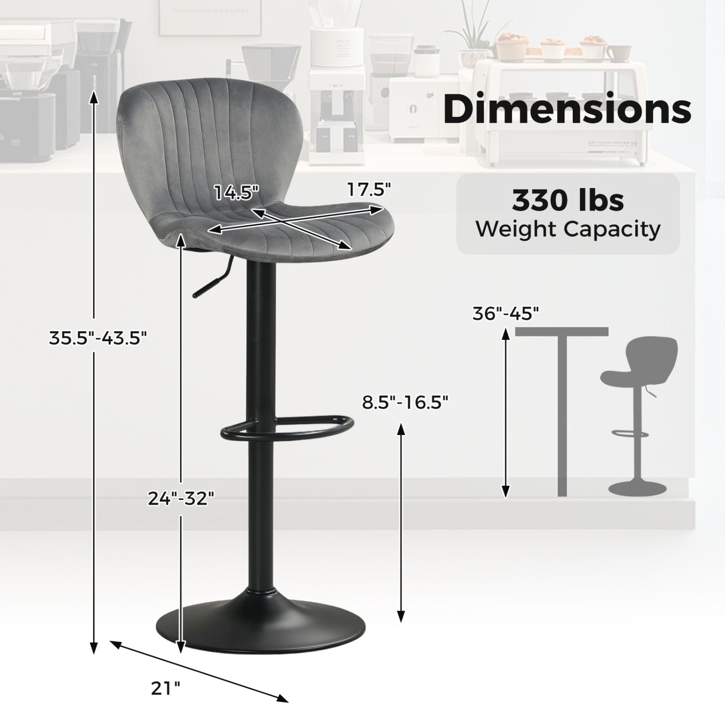 Adjustable Swivel Bar Stools Set of 4 with Velvet Upholstery