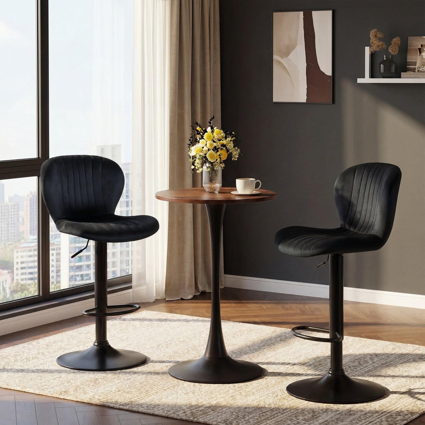 Adjustable Swivel Bar Stools Set of 4 with Velvet Upholstery