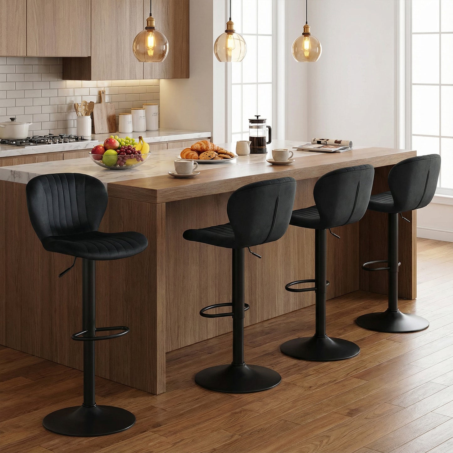Adjustable Swivel Bar Stools Set of 4 with Velvet Upholstery