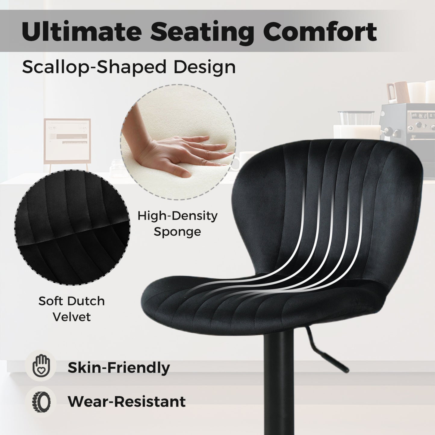 Adjustable Swivel Bar Stools Set of 4 with Velvet Upholstery