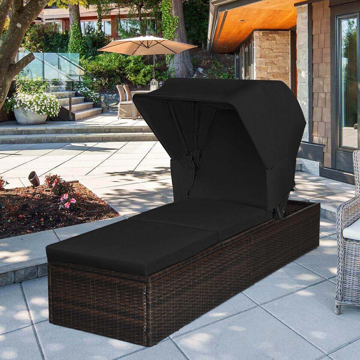 Outdoor Chaise Lounge with Canopy and Cushion