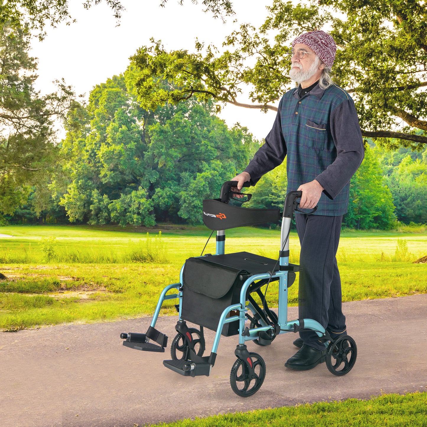 2-in-1 Rollator Walker and Wheelchair with Storage Bag