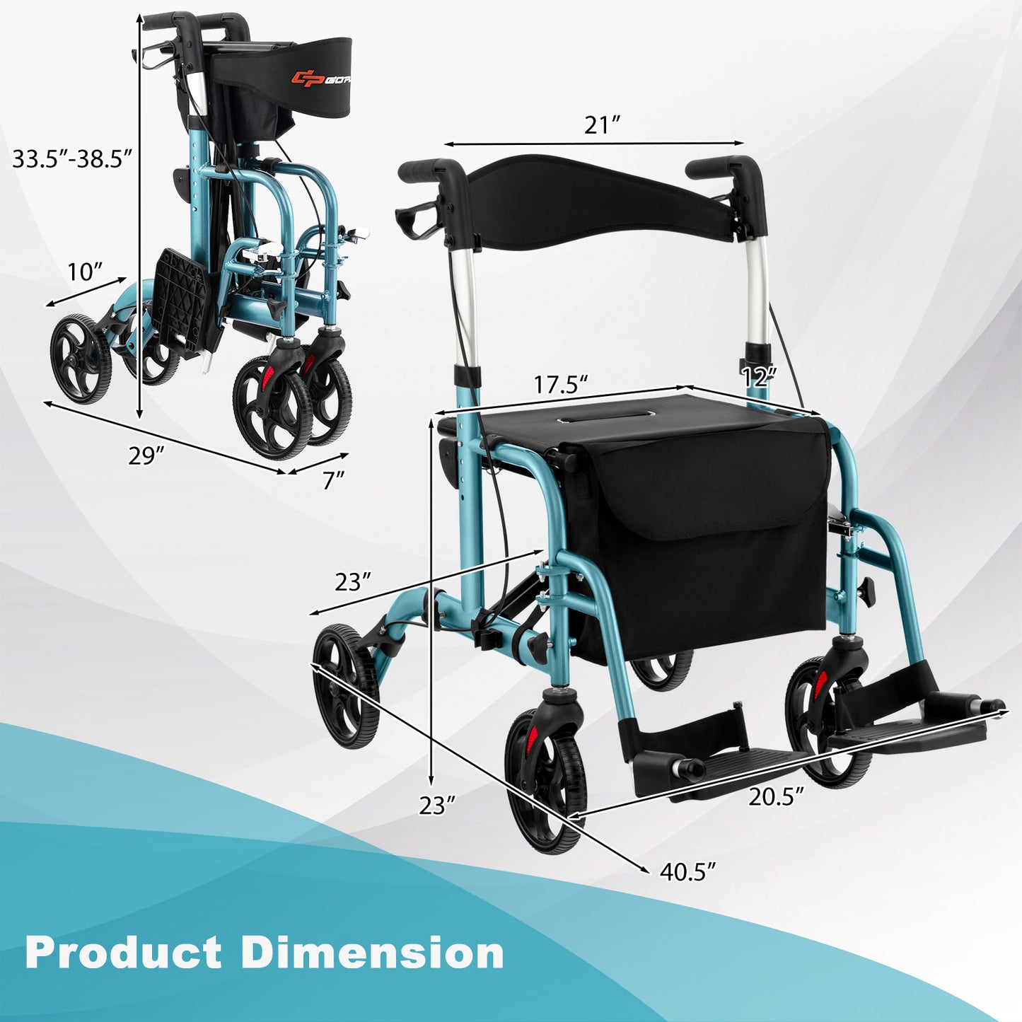 2-in-1 Rollator Walker and Wheelchair with Storage Bag