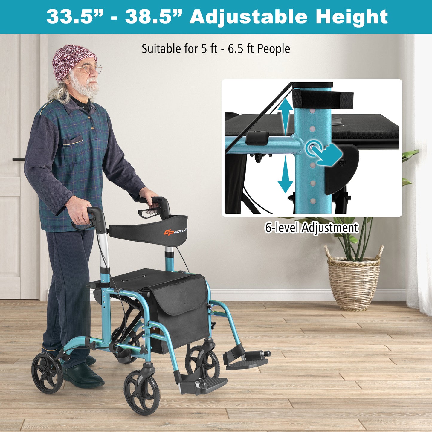 2-in-1 Rollator Walker and Wheelchair with Storage Bag