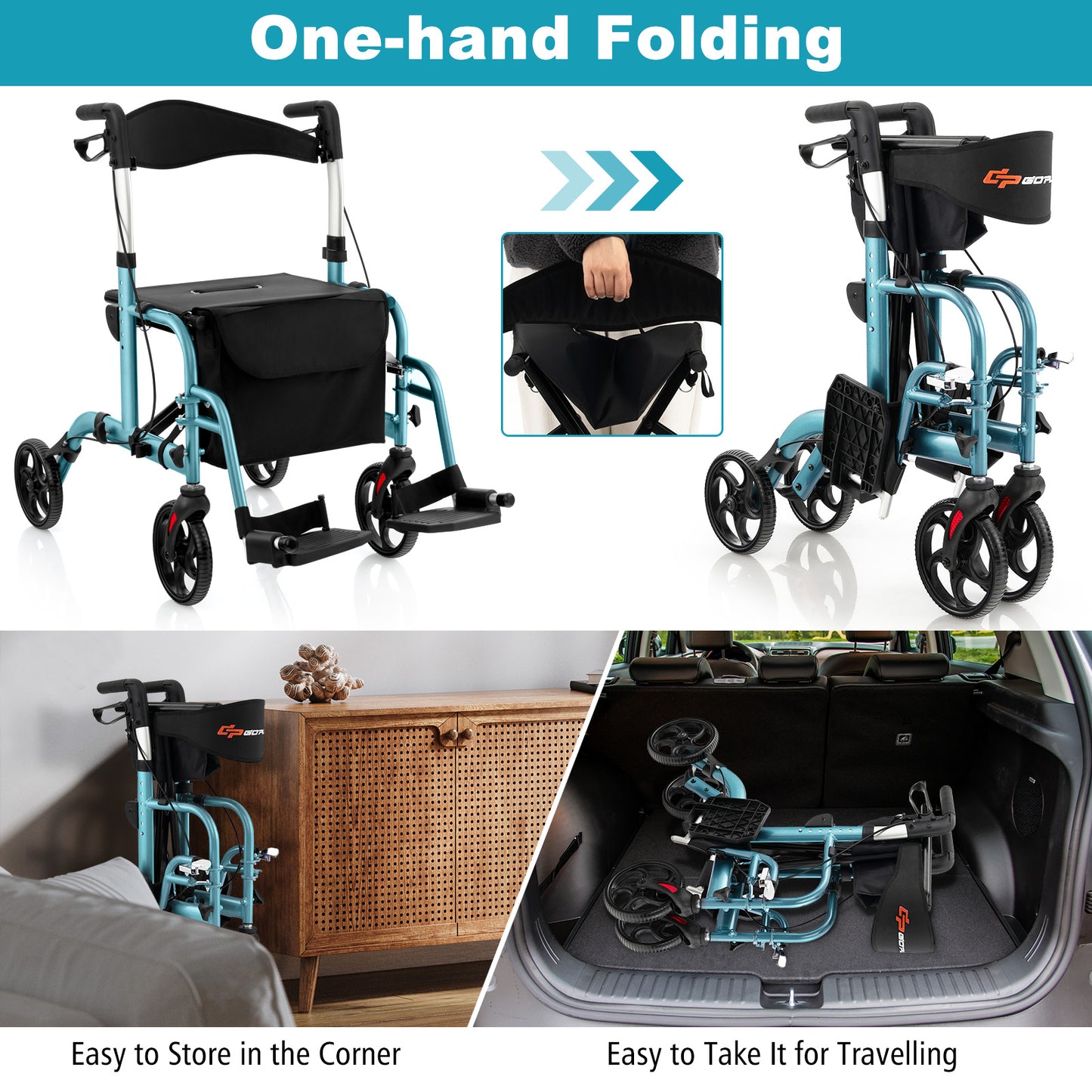 2-in-1 Rollator Walker and Wheelchair with Storage Bag