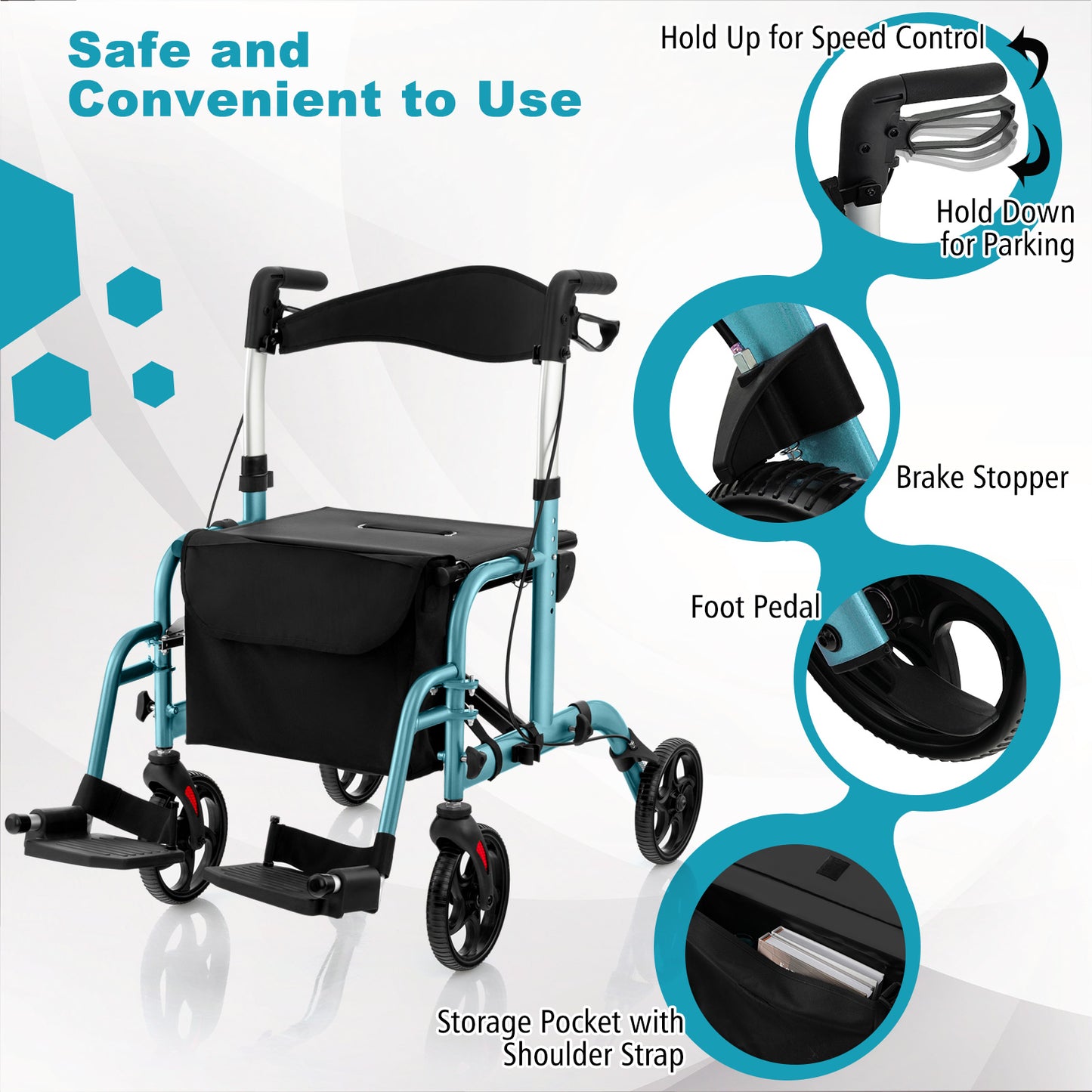 2-in-1 Rollator Walker and Wheelchair with Storage Bag