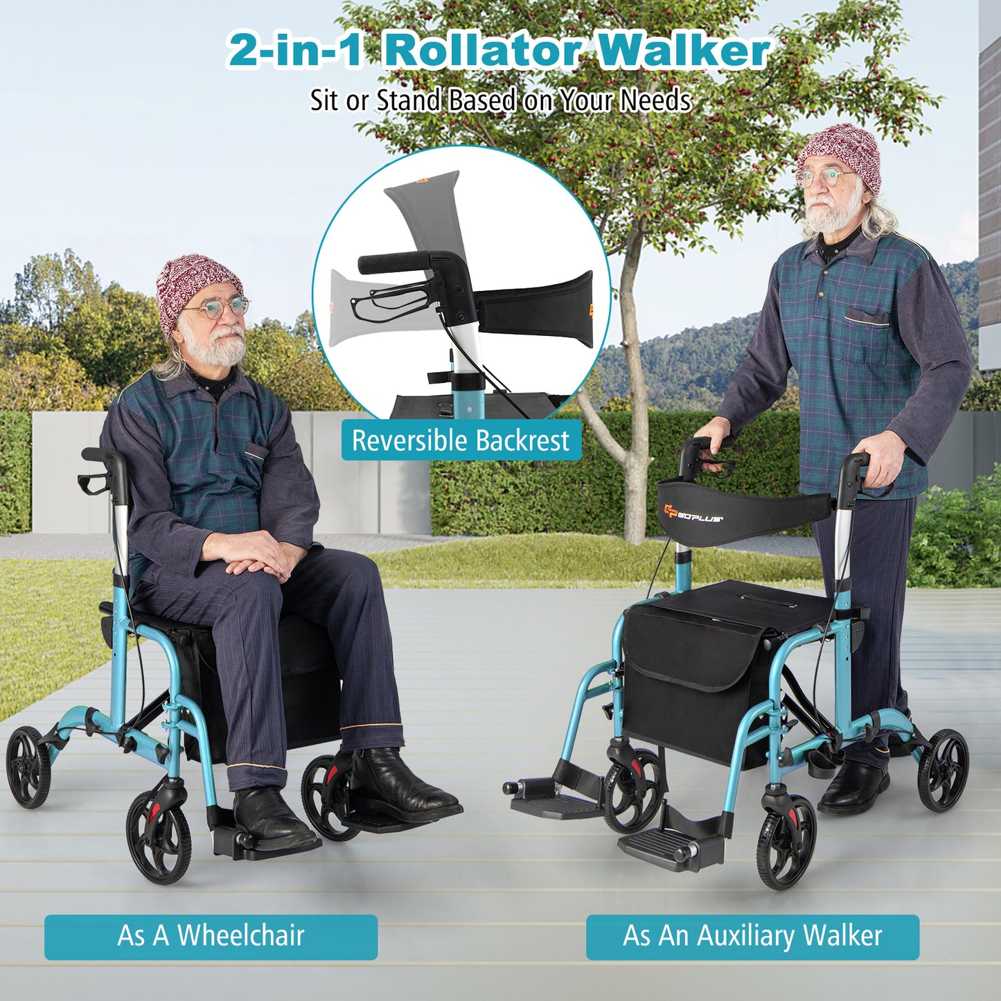 2-in-1 Rollator Walker and Wheelchair with Storage Bag