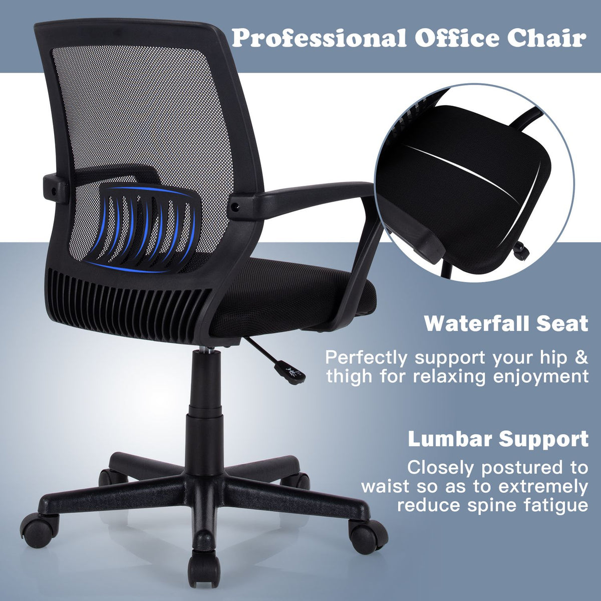Adjustable Height Ergonomic Home Office Chair with Lumbar Support and 90°-115° Rocking