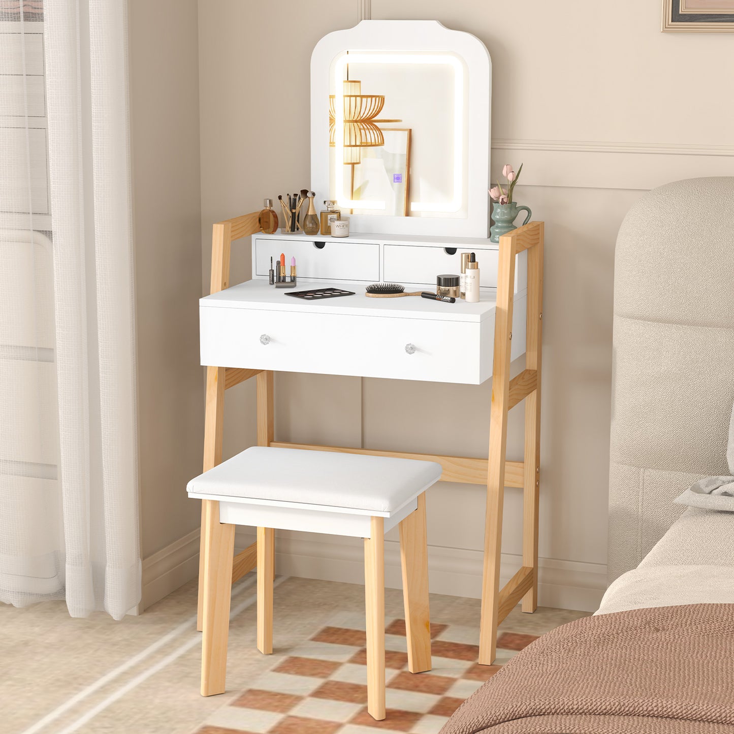 Adjustable Height Vanity Desk with LED Lighted Mirror & Drawers