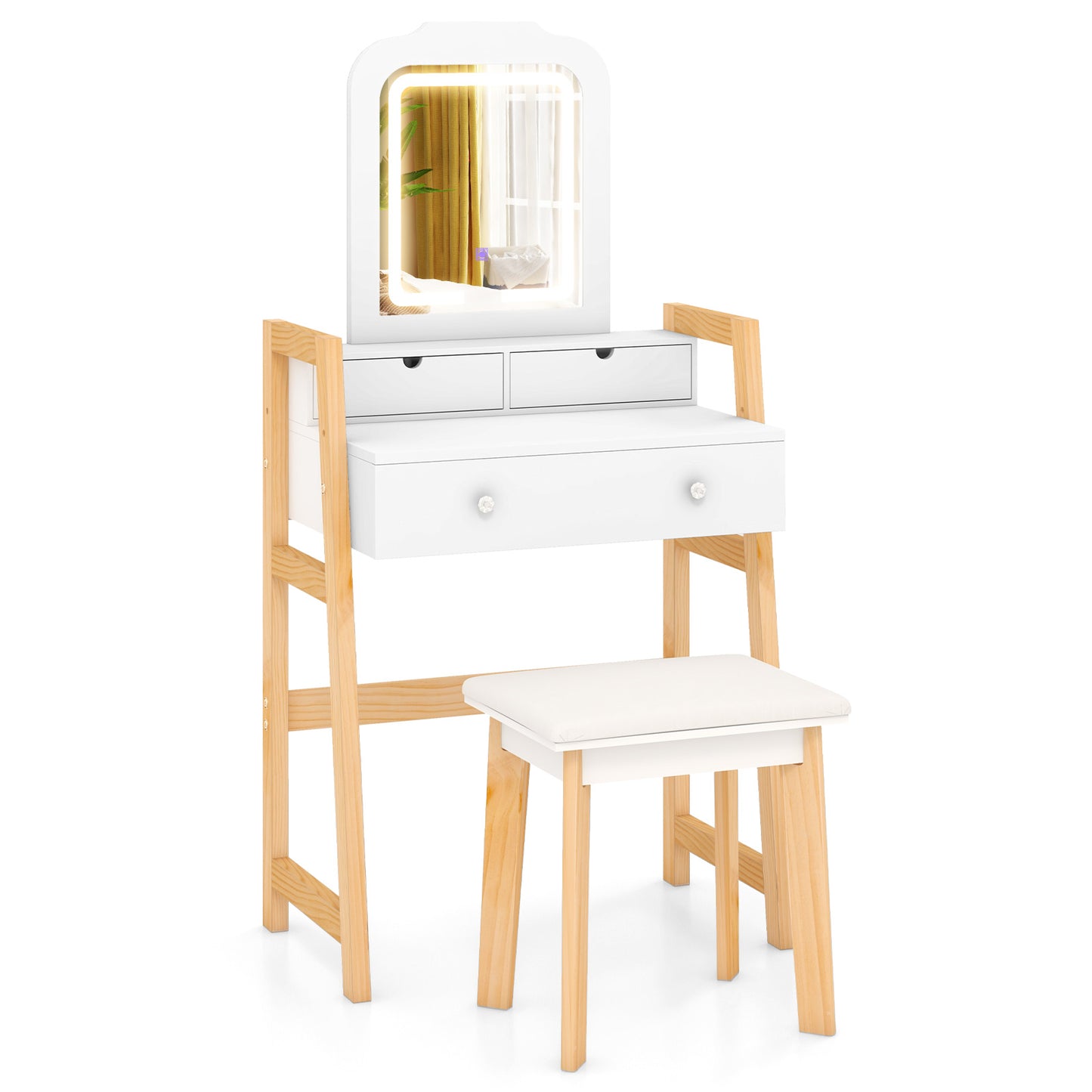 Adjustable Height Vanity Desk with LED Lighted Mirror & Drawers