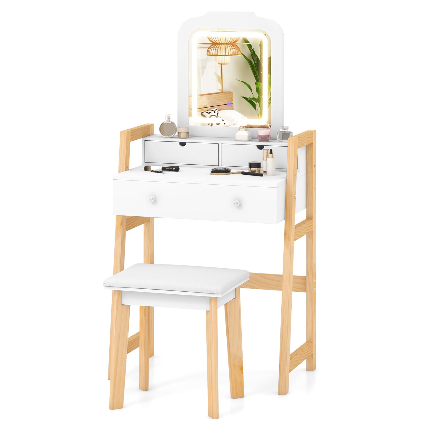 Adjustable Height Vanity Desk with LED Lighted Mirror & Drawers